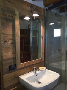 bagno con lavandino, doccia e specchio di BAITA BEDOLINA a Temù