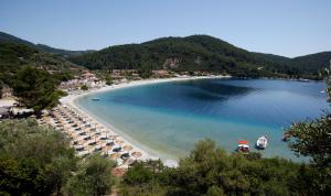 a beach with umbrellas and boats in the water at Blue Green Bay in Panormos Skopelos