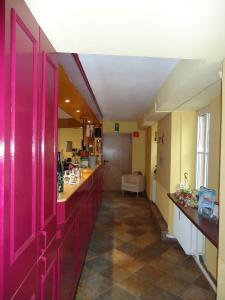 a hallway with a pink door in a room at Hotel Burg-Stuben in Mainz