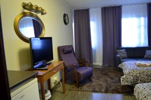 sala de estar con TV y sofá en Kartanohotelli Saari en Reisjärvi