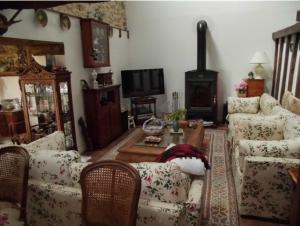 ein Wohnzimmer mit einem Sofa, Stühlen und einem Kamin in der Unterkunft Domaine du Breuil in Chassignolles