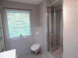 a bathroom with a toilet and a shower and a window at FeWo direkt am Wald und Wanderweg mit Balkon Ruhe pur 1 OG in Bad Sachsa