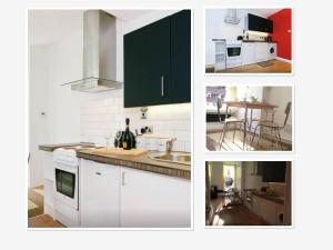 a collage of photos of a kitchen with white cabinets at London Spacious Apartment by DC London Rooms in London
