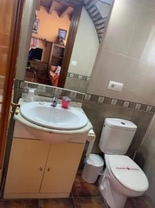 bagno con servizi igienici, lavandino e specchio di APARTAMENTOS MARIAJE a Barro de Llanes