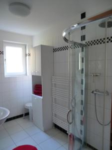 a bathroom with a shower and a sink at Ferienwohnung Am Wildmeisterweg in Wernigerode