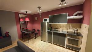 eine Küche und ein Esszimmer mit einem Tisch im Zimmer in der Unterkunft Apartamenty Hetmańska - 24h Shop in Kattowitz