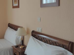 馬德里的住宿－岡薩洛旅館，一间卧室配有一张床和一张桌子上的台灯