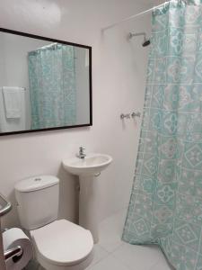 a bathroom with a toilet and a sink and a mirror at Birdglamping Los Arboles Hotel in Salento