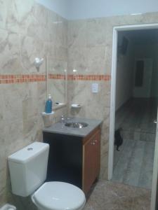 a bathroom with a toilet and a sink and a cat at Departamento nuevo,amplio y cercano al centro en Posadas in Posadas