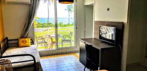 a living room with a television and a view of the ocean at Caribbean sea view in Saint-François