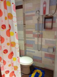 uma casa de banho com um chuveiro, um WC e uma cortina de chuveiro. em Orange Mangrove Pension House em Puerto Princesa