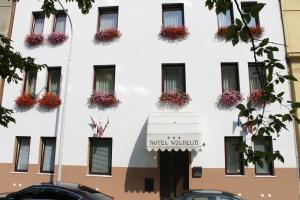 a white building with flowers in the windows at Hotel Wilhelm in Prague