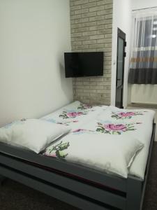 sypialnia z łóżkiem z telewizorem na ścianie w obiekcie Buko apartamenty w Uniejowie