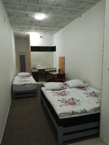 sypialnia z 2 łóżkami i biurkiem w obiekcie Buko apartamenty w Uniejowie