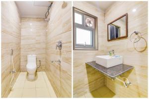 2 immagini di un bagno con lavandino e servizi igienici di FabHotel Aayash a Calcutta