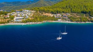 two boats in the water near a small island at Adrina Beach Hotel in Panormos Skopelos