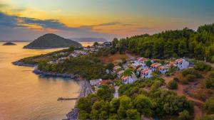 an aerial view of a town on an island in the water at Adrina Beach Hotel in Panormos Skopelos