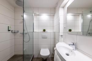 W łazience znajduje się toaleta, umywalka i prysznic. w obiekcie Hotel Newton Ludwigshafen w mieście Ludwigshafen am Rhein