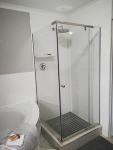 een douche met een glazen deur naast een toilet bij Erin Guesthouse and B&B in Bergville