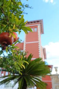a tree with fruit in front of a red building at Villa Edera Rental Room in Santa Flavia