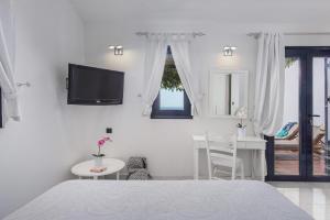 a bedroom with a bed and a table and a television at Adrina Beach Hotel in Panormos Skopelos