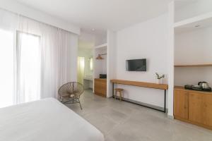 a bedroom with a bed and a tv and a chair at Vienoula's Garden Hotel in Mýkonos City
