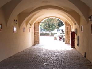 um corredor vazio com uma arcada num edifício em Ferdinand Apartments em Mediaş