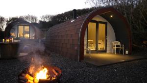 a dome tent with a fire pit in a yard at The Bee Pods in Rossnowlagh