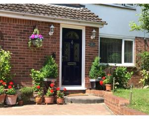 a brick house with a black door and potted plants at Queens Road Rental - Winchester Accommodation in Winchester