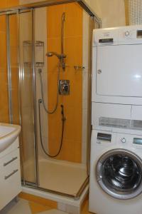 um chuveiro na casa de banho com uma máquina de lavar roupa em Apartmán Lipánek em Lipno nad Vltavou