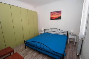 una camera con letto blu e armadi verdi di Casa del Borgo by Arbaspàa a Riomaggiore