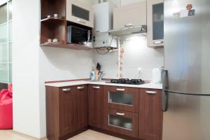 kuchnia z drewnianymi szafkami i lodówką w obiekcie Like at Home w Lwowie