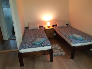 2 camas individuales en una habitación con lámpara en Ovelia B&B en Kuressaare