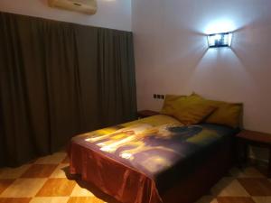 ein Schlafzimmer mit einem Bett und einer Lampe an der Wand in der Unterkunft Villa Fatima in Meknès