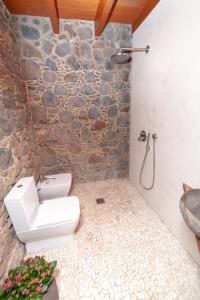a bathroom with a white toilet and a stone wall at La Molina NK in Tindaya
