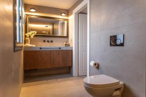a bathroom with a toilet and a sink and a mirror at CAMARA SUITES in Andros