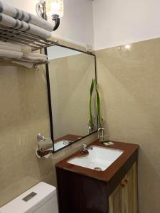 een badkamer met een wastafel, een spiegel en een toilet bij PEPAYEN INN Homestay in General Luna
