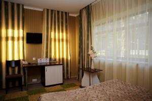 ポルタヴァにあるComplex Mukhomorのベッド、デスク、窓が備わるホテルルームです。