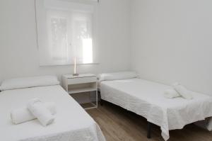 a white room with two beds and a window at Moderno,tranquilo, entrada autónoma y fácil aparcamiento. in Madrid