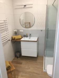 a bathroom with a sink and a mirror at Apartament Gold Triventi in Karpacz