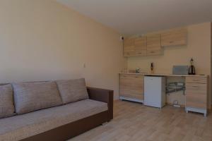 a living room with a couch and a kitchen at Pawilon 12 in Sulejów