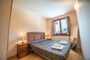 a small bedroom with a bed and a window at Apartamento Llebre in Canillo