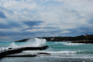 a large wave crashing on a pier in the ocean at Hotel Signorini in Castiglioncello