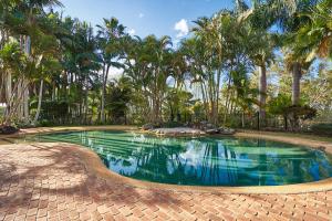 a swimming pool with palm trees in a resort at Victoria's At Ewingsdale in Byron Bay