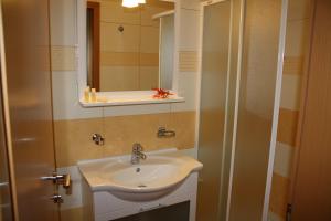a bathroom with a sink and a mirror at Penzion Letališče in Murska Sobota +38 photos