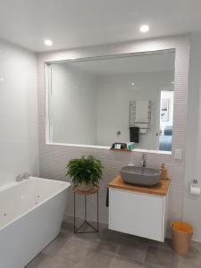 een badkamer met een bad, een wastafel en een spiegel bij Twofold Bay Motor Inn in Eden