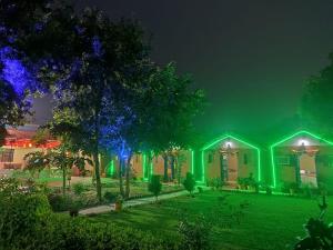 a group of houses with green and blue lights at Village Homestay in Agra