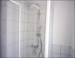 y baño con ducha con cabezal de ducha. en Ferienwohnung Kohrener Land, en Kohren-Sahlis