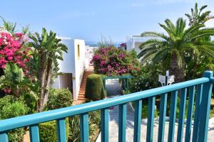 a balcony with a blue railing and flowers at Mastichari Bay Hotel in Mastihari