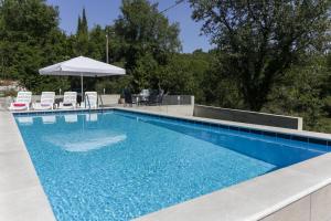 a swimming pool with chairs and an umbrella at Apartments Vila Harmonia in Čilipi
